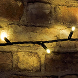 LYYT warm white LED string lights with black cable twisted along a rustic exposed brick wall, small bulbs glowing softly against the stonework.