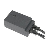 LYYT HD180C-WW festoon lights inline controller in black with press button, printed 8-mode list, and dual rubber cable outlets on white.