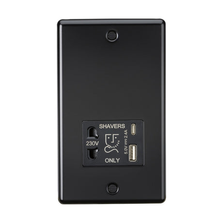 The Shaver Socket With Dual USB - Matt Black features a stylish matt black finish and offers dual voltage options. It includes two outlets for 230V and 115V, specifically labeled SHAVERS ONLY, along with a white shaving icon for easy identification. Its contemporary design is enhanced by the added convenience of dual USB charging capabilities.