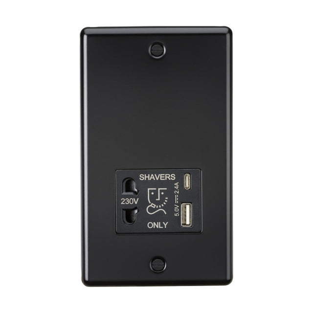 The Shaver Socket With Dual USB - Matt Black features a stylish matt black finish and offers dual voltage options. It includes two outlets for 230V and 115V, specifically labeled SHAVERS ONLY, along with a white shaving icon for easy identification. Its contemporary design is enhanced by the added convenience of dual USB charging capabilities.