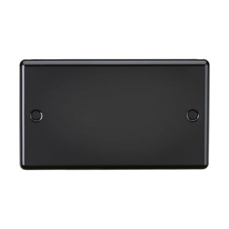 The 2 Gang Blanking Plate in Matt Black showcases a sleek rectangular design with a smooth, reflective finish and rounded edges. It features two horizontally centered screw holes on each side, exuding a touch of sophisticated matt black similar to premium grade steel.