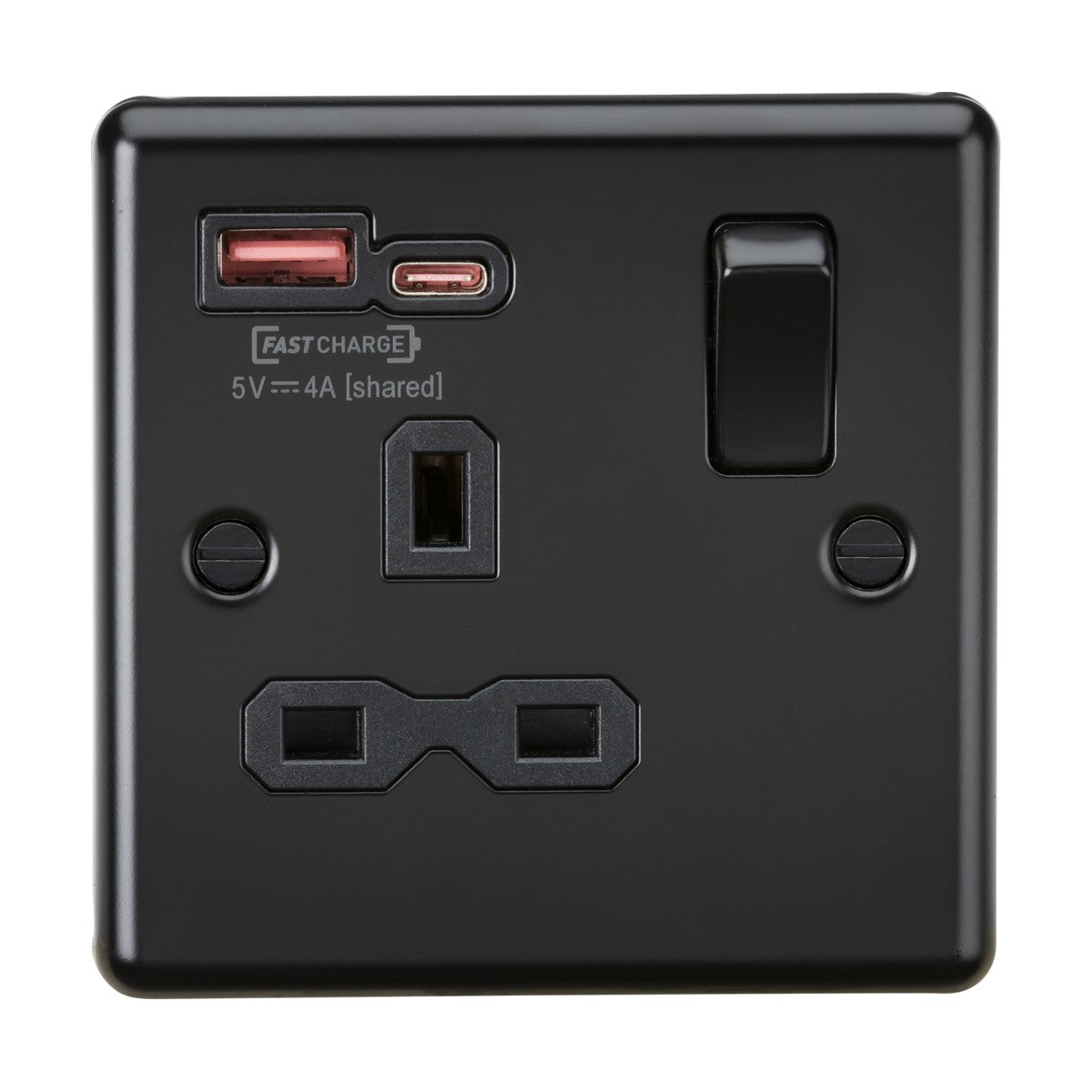 Introducing the 13A 1 Gang SP Switched Socket With Dual USB A+C in a sleek matt black finish, featuring a standard three-pin outlet. This socket is equipped with USB-A and USB-C ports labeled FASTCHARGE 5V 4A [shared] and supports both PD and QC charging protocols. The design includes a functional switch that enhances its modern appeal.