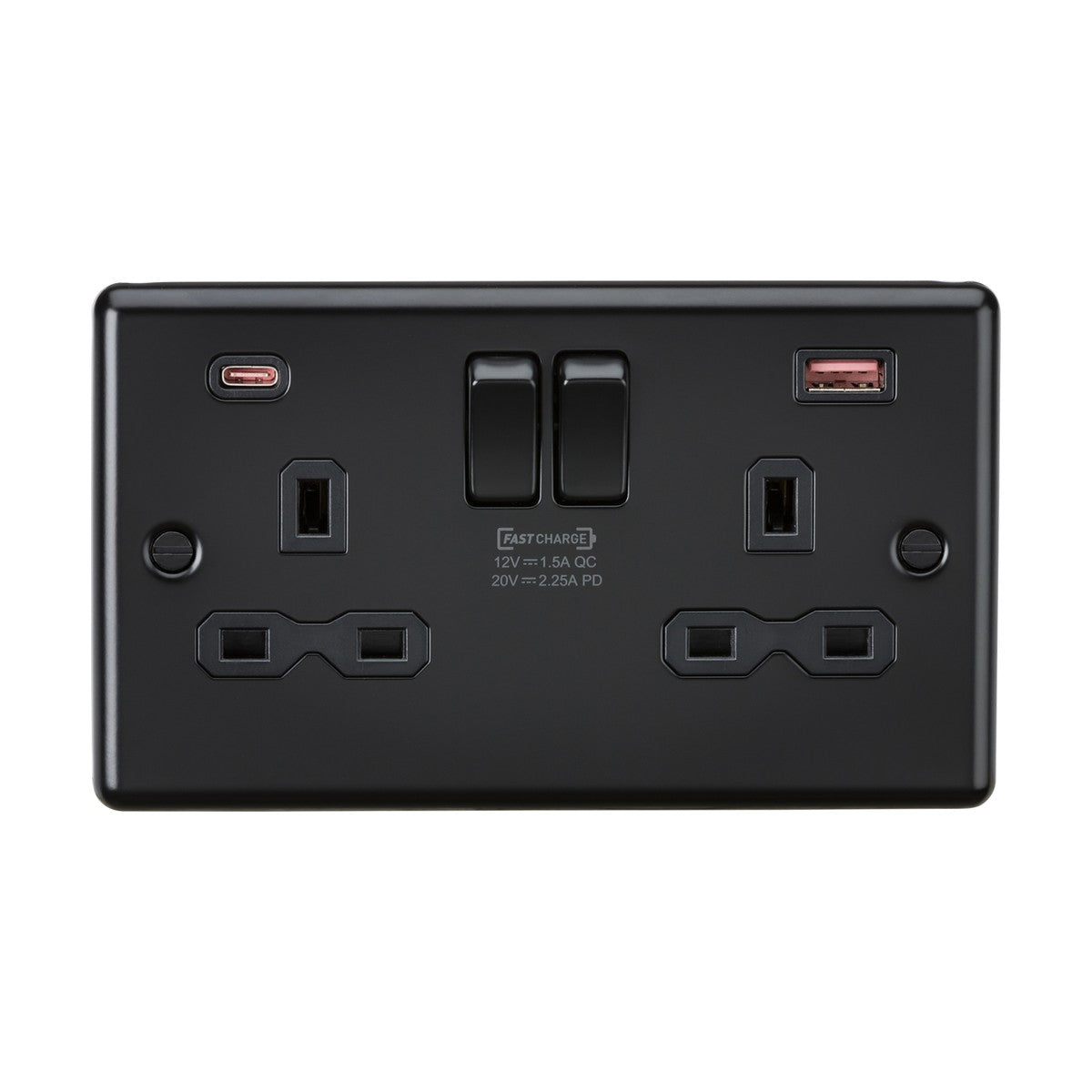 A sleek and modern wall outlet, the 13A 2 Gang DP Switched Socket With Dual USB A+C, comes in a stylish matt black finish with black inserts and a rounded edge design. It features two standard sockets, dual switches, and strategically placed FASTCHARGE USB A+C ports in the upper corners for convenience.