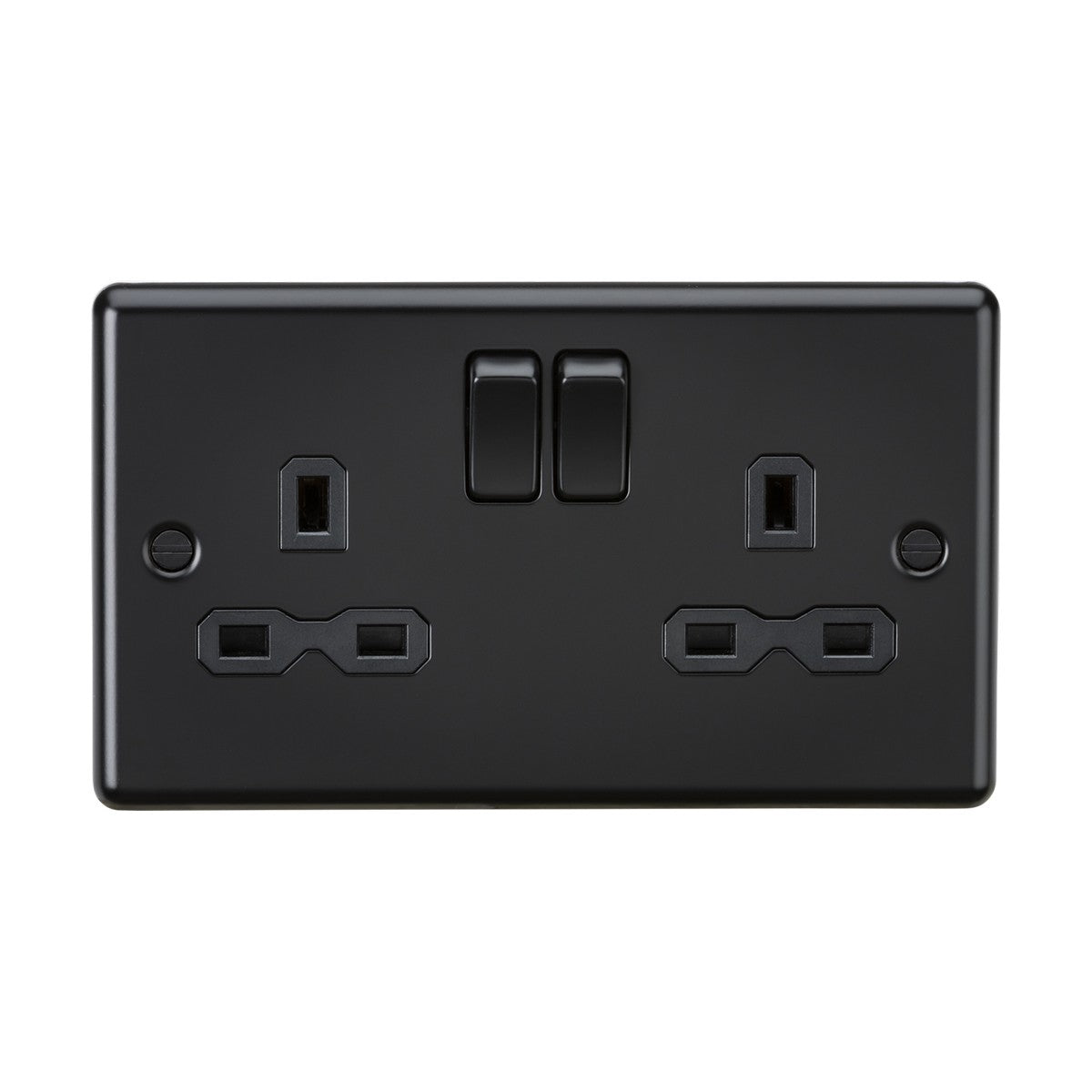 The 13A 2 Gang DP Switched Socket - Matt Black (Black Insert, Rounded Edge) features two three-pin outlets with switches above each, offering a premium finish that enhances contemporary spaces. Set against a pristine white background, it blends style and functionality seamlessly.