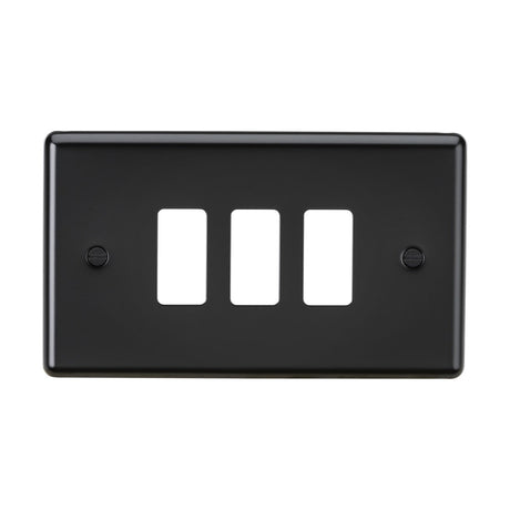 A 3 Gang Grid Faceplate in matt black, expertly crafted from premium grade steel, features three rectangular switch openings, two screw holes for easy mounting, and a rounded edge design for an elegant finish.