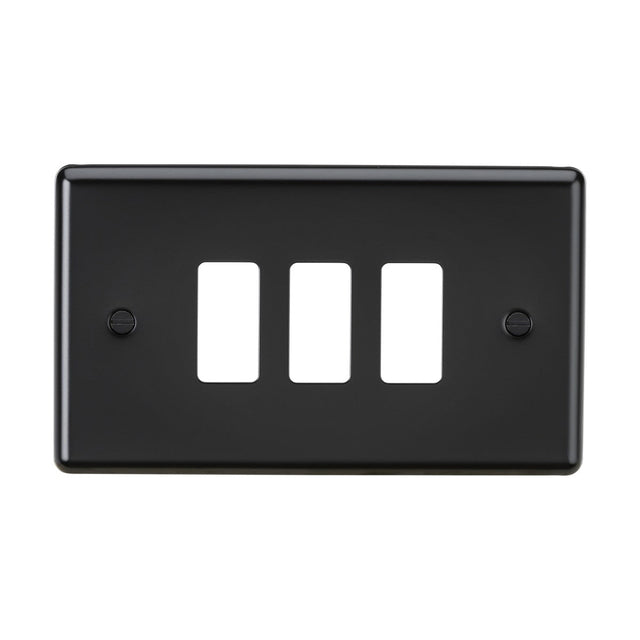 A 3 Gang Grid Faceplate in matt black, expertly crafted from premium grade steel, features three rectangular switch openings, two screw holes for easy mounting, and a rounded edge design for an elegant finish.