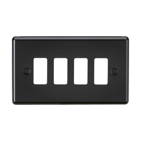 A sleek 4 Gang Grid Faceplate - Matt Black with rectangular openings and two visible screws, featuring a rounded edge design compatible with the Knightsbridge Grid System.