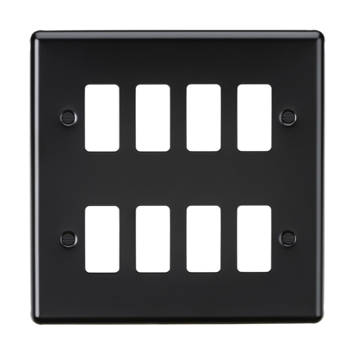 A black 8 Gang Grid Faceplate, featuring a stylish Matt Black Finish, is designed to hold eight rectangular rocker switches. It comes with four screw holes for easy mounting, seamlessly fitting into the Rounded Edge Grid aesthetic.