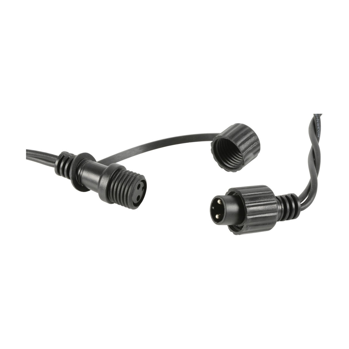 Close-up of LYYT connectable icicle lights' black IP44 weatherproof connectors showing male and female plug ends with threaded coupling cap.