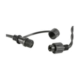 Close-up of LYYT connectable icicle lights' black IP44 weatherproof connectors showing male and female plug ends with threaded coupling cap.