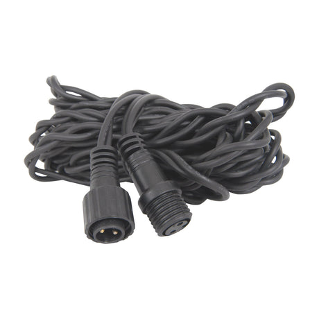 LYYT 5m outdoor string light extension cable in black rubber with IP44 weatherproof two-pin connectors, coiled on a plain white background.