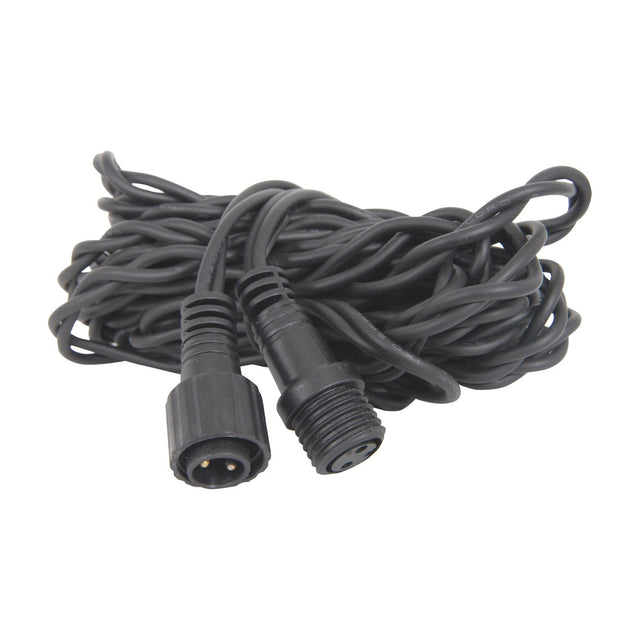 LYYT 5m outdoor string light extension cable in black rubber with IP44 weatherproof two-pin connectors, coiled on a plain white background.