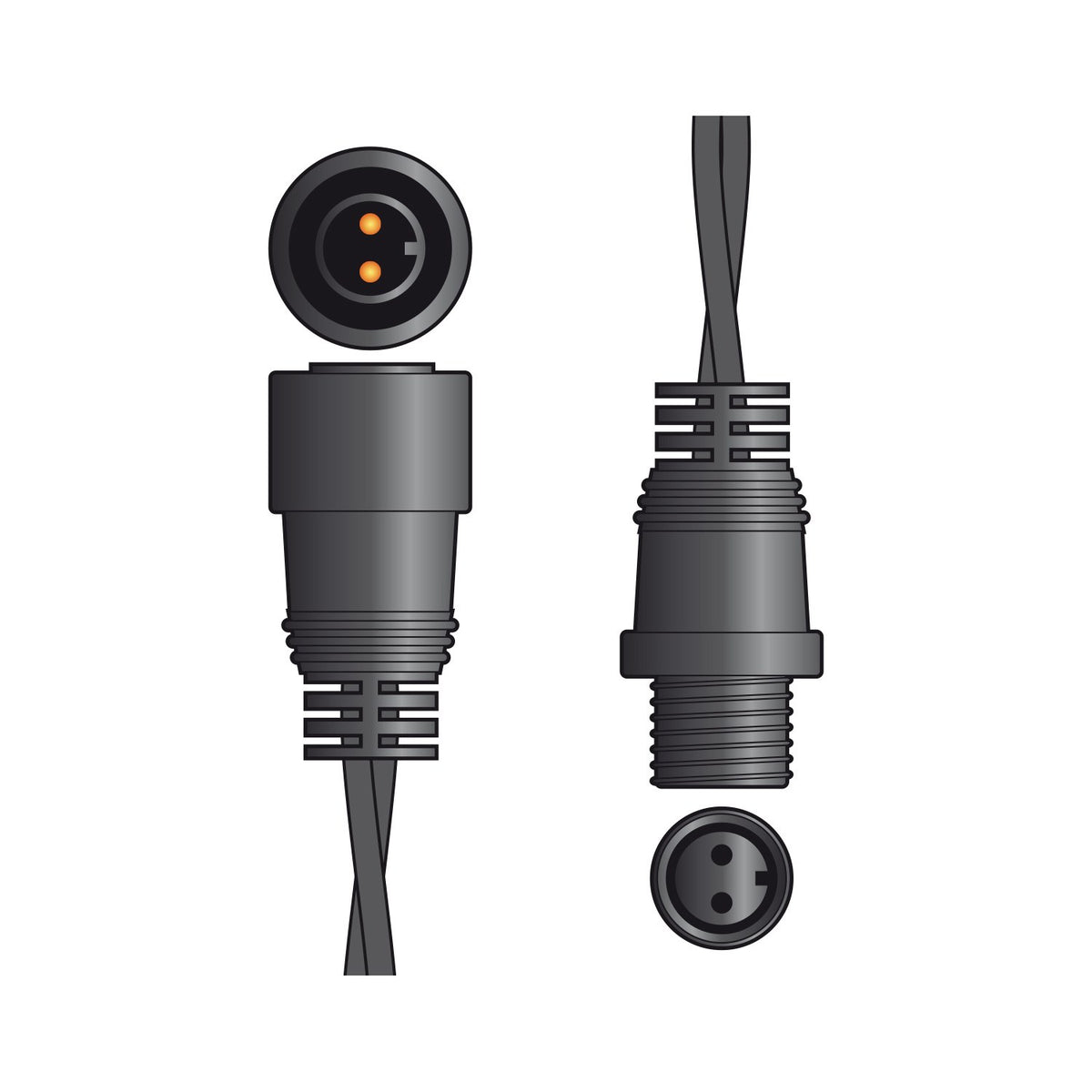 LYYT 5m outdoor string light extension cable in black rubber, showing male and female two-pin weatherproof IP44 connectors with pin detail views.