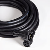 Close-up of the LYYT 5m outdoor string light extension cable by AVSL, showing coiled black rubber cable and IP44 two-pin weatherproof connectors.