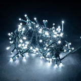 LYYT 200TS-CW cool white LED string lights coiled on a dark green cable, glowing brightly against a dark grey background.