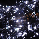 LYYT 200TS-CW cool white string lights coiled and illuminated, showing dense bright LEDs along a dark green PVC cable against a black background.