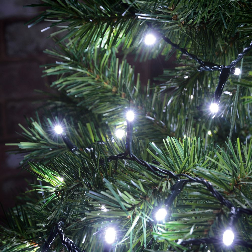 LYYT 200TS-CW cool white LED string lights by AVSL, dark green cable draped through evergreen pine foliage against a brick wall.