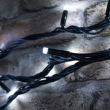 LYYT HD90C-WHT Cool White Heavy Duty Festoon Lights by AVSL, close-up of black rubber cable with concave cool white LEDs draped over stone.