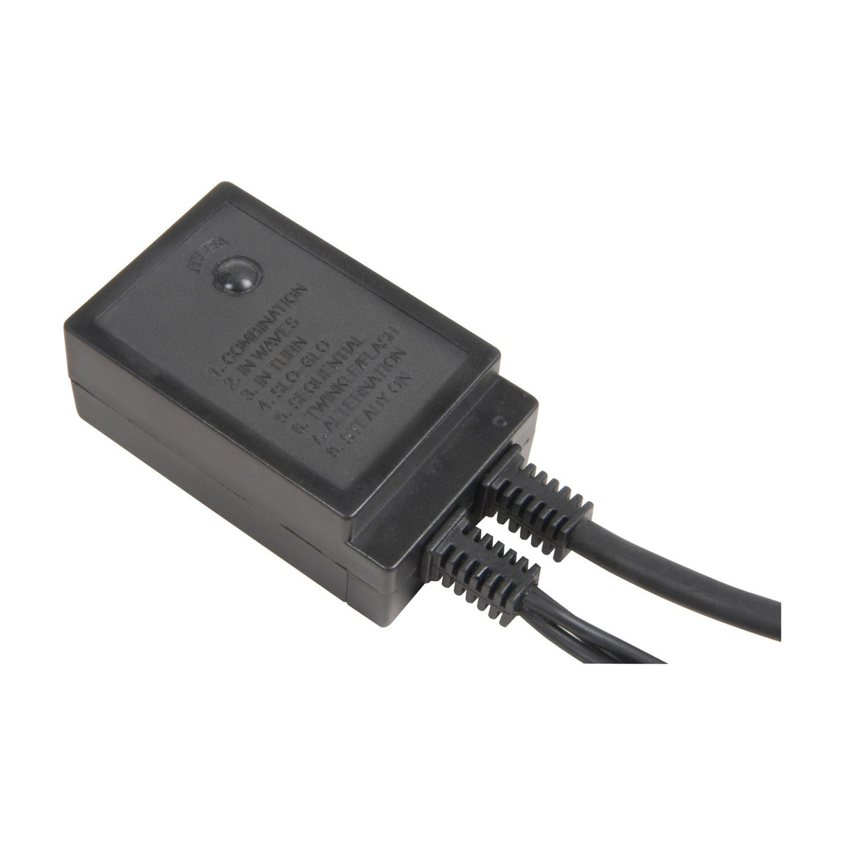 LYYT festoon lights black ABS controller with mode button and eight preset settings listed on top, twin cable outlets, on a white background.