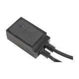 LYYT festoon lights black ABS controller with mode button and eight preset settings listed on top, twin cable outlets, on a white background.