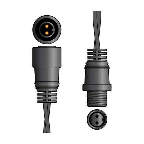LYYT outdoor string light extension cable with black moulded two-pin male and female IP44 weatherproof connectors on a white background.