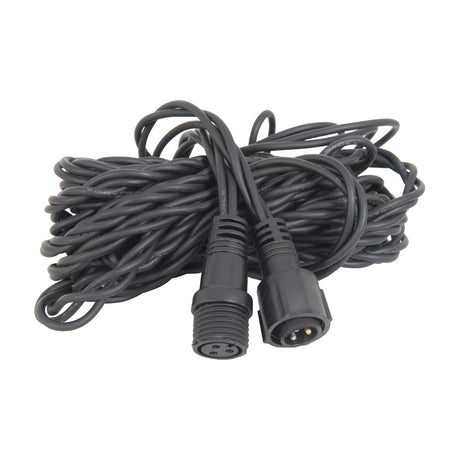 LYYT heavy duty 5m string light extension cable by AVSL, coiled black rubber IP44 lead with 3-pin male and female connectors on a white background.