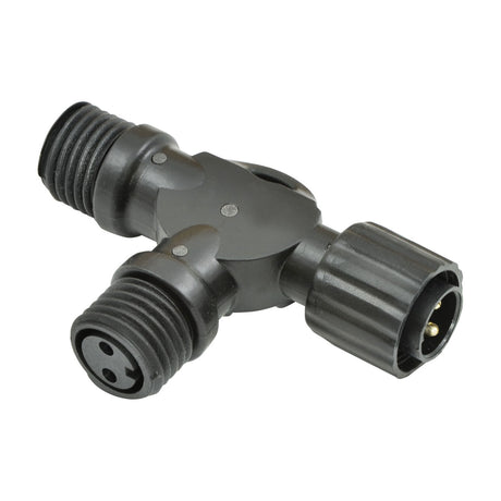 LYYT 2WAY-SPL weatherproof T-shaped string light splitter in black IP44 rubber, with one input and two ribbed branch connectors, on a white background.