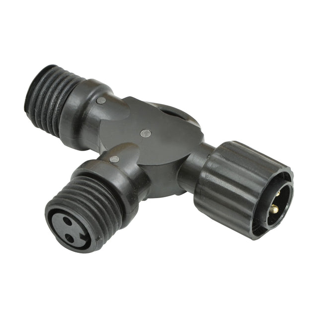 LYYT 2WAY-SPL weatherproof T-shaped string light splitter in black IP44 rubber, with one input and two ribbed branch connectors, on a white background.