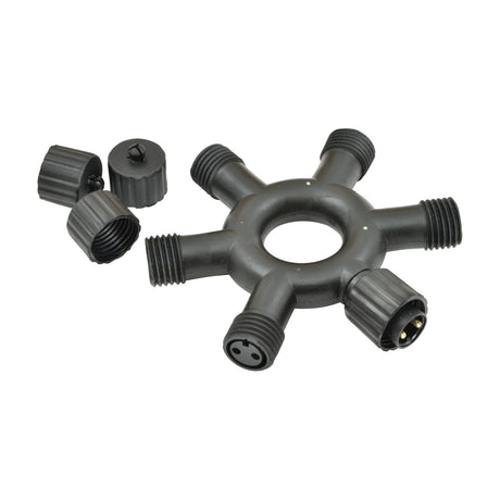 LYYT 5WAY-SPL weatherproof outdoor festoon splitter by AVSL, black rubber hub with six threaded ports, central mounting hole and screw-on caps.