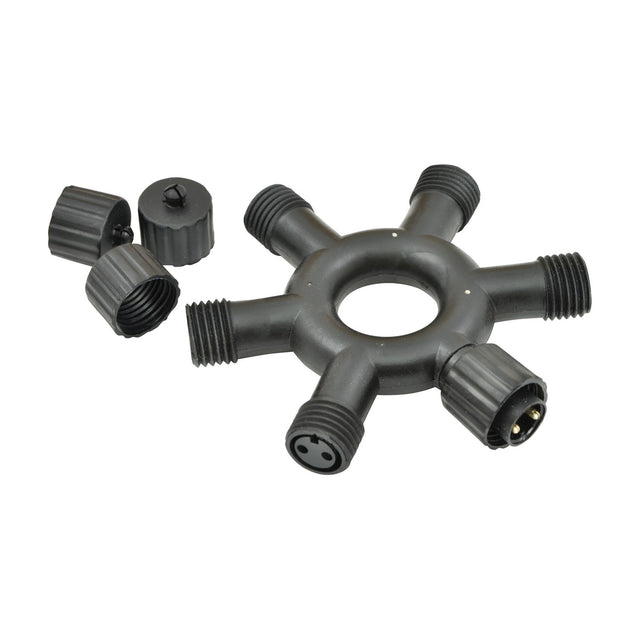 LYYT 5WAY-SPL weatherproof outdoor festoon splitter by AVSL, black rubber hub with six threaded ports, central mounting hole and screw-on caps.