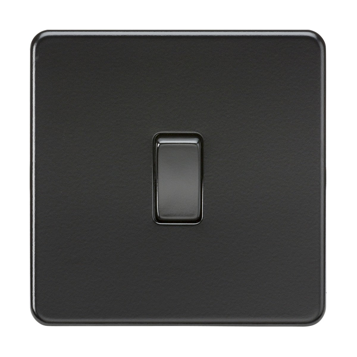 A centered image features the 10AX 1 Gang 2-Way Switch, showcasing its minimalist design with a matt black finish and black rocker. The square switch, screwless for modern elegance, is in the off position.