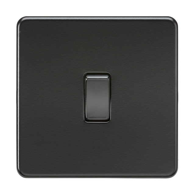 A centered image features the 10AX 1 Gang 2-Way Switch, showcasing its minimalist design with a matt black finish and black rocker. The square switch, screwless for modern elegance, is in the off position.