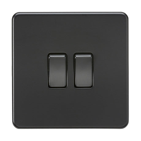 A stylish 10AX 2 Gang 2-Way Switch in matt black, featuring a screwless design with black rockers, elegantly mounted on a square plate.