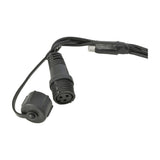 Close-up of the LYYT 240 LED net light's black waterproof 3-pin connector and rubber cap for daisy-chaining, shown on a white background.