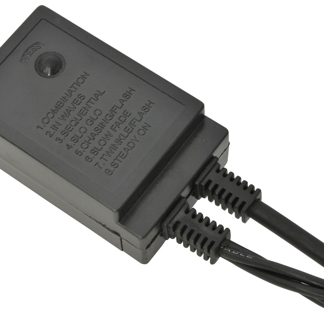 AVSL LYYT LED net light controller box in black with press button and eight numbered sequence modes, showing rubber cable outlets on a white background.