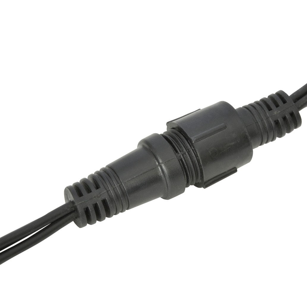 AVSL LYYT LED net light connector detail showing black rubber cable, ridged waterproof IP44 coupling and moulded strain reliefs on a white background.