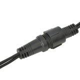 AVSL LYYT LED net light connector detail showing black rubber cable, ridged waterproof IP44 coupling and moulded strain reliefs on a white background.