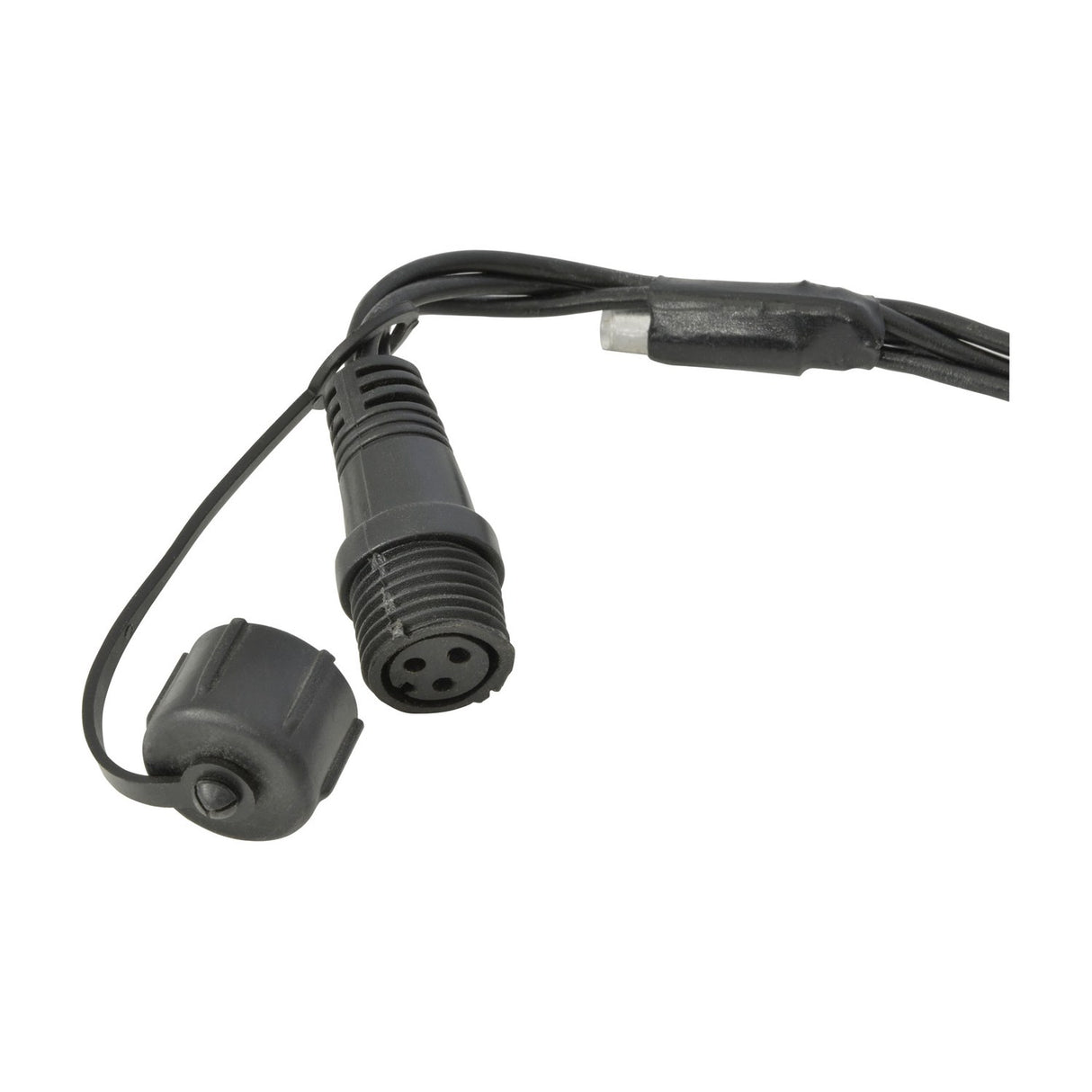 Close-up of the LYYT LED net light's black weatherproof three-pin connector and rubber sealing cap on the extension lead, shown on a white background.