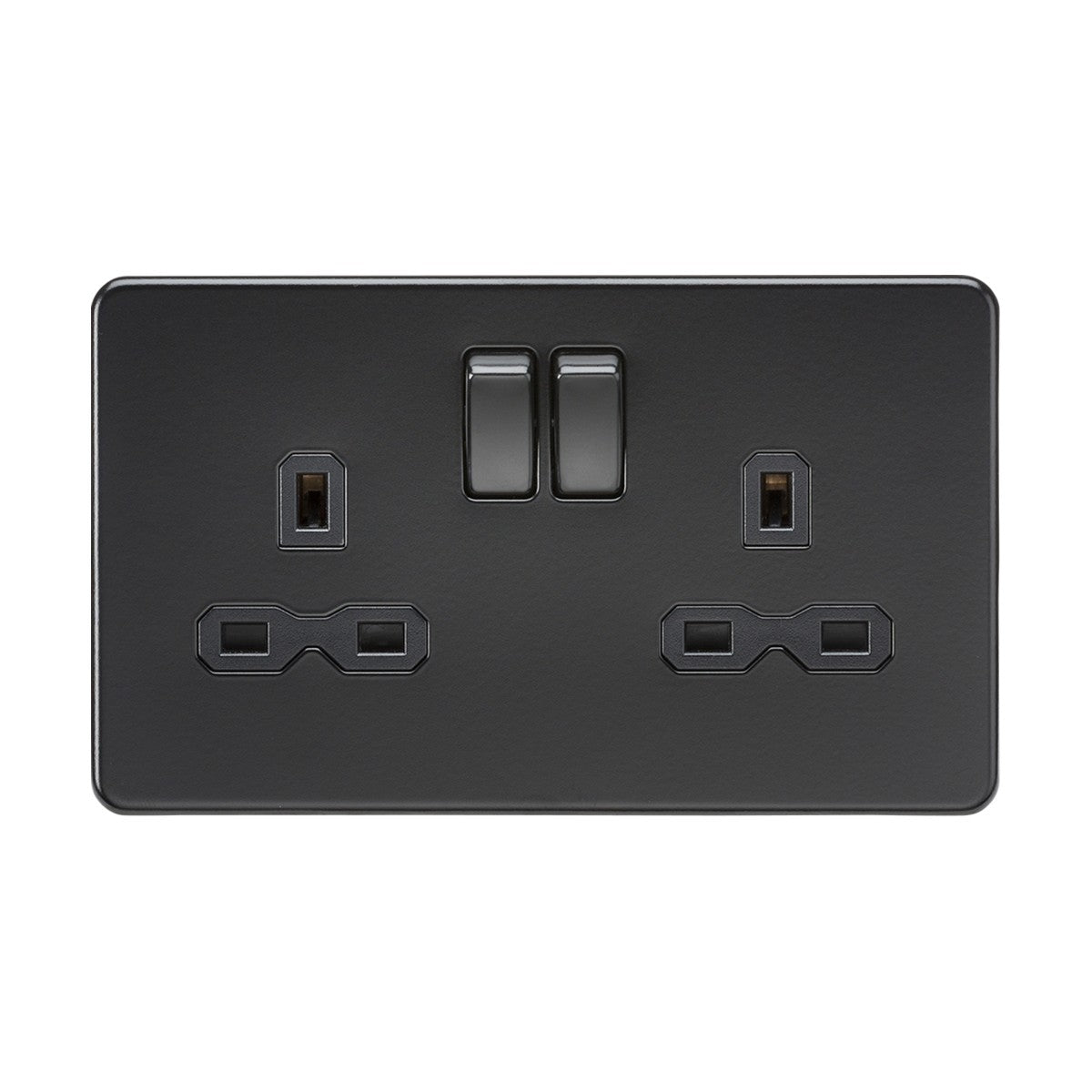 The 13A 2 Gang DP Switched Socket in matt black offers a modern screwless design, with switches above each socket that control one pair of three-pin plug outlets.