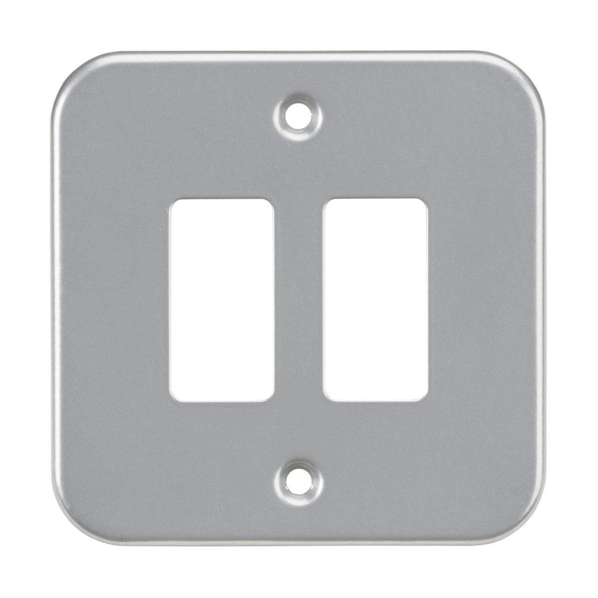 The Metalclad 2 Gang Grid Faceplate is a metallic cover with a straightforward square design, crafted from premium grade steel, featuring two rectangular openings and equipped with two screws—one positioned at the top and another at the bottom.