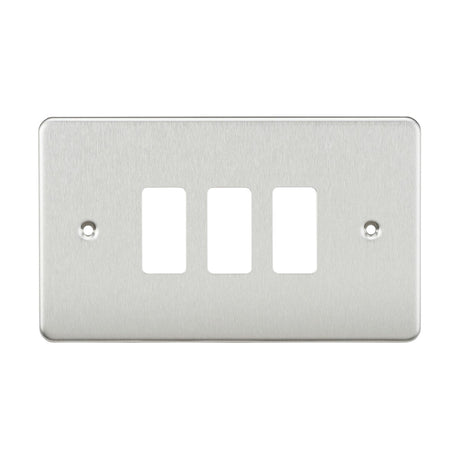 The Flat Plate 3 Gang Grid Faceplate in brushed chrome is a premium grade steel triple light switch cover with three rectangular openings and two screw holes for convenient mounting.