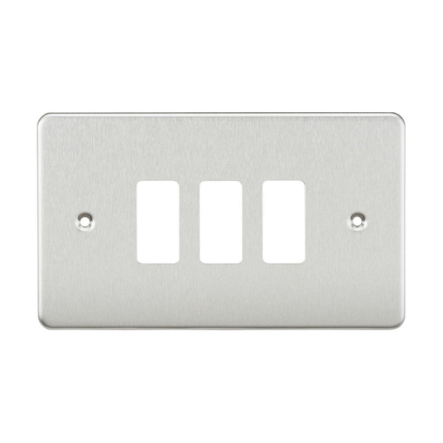 The Flat Plate 3 Gang Grid Faceplate in brushed chrome is a premium grade steel triple light switch cover with three rectangular openings and two screw holes for convenient mounting.