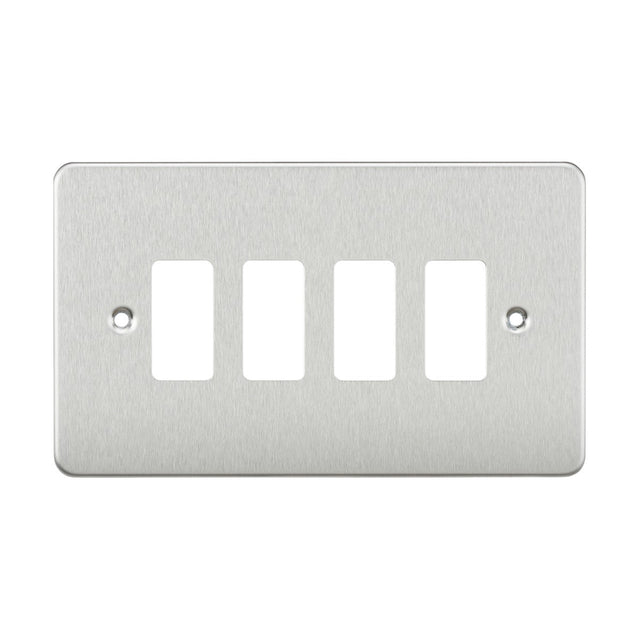 The Flat Plate 4 Gang Grid Faceplate in Brushed Chrome is made of premium grade steel, designed with four rectangular openings for switches or outlets and includes two screw holes for mounting.