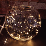 LYYT 120 LED warm white topiary ball string lights on black cable, coiled inside a round glass fishbowl vase against an exposed brick wall.