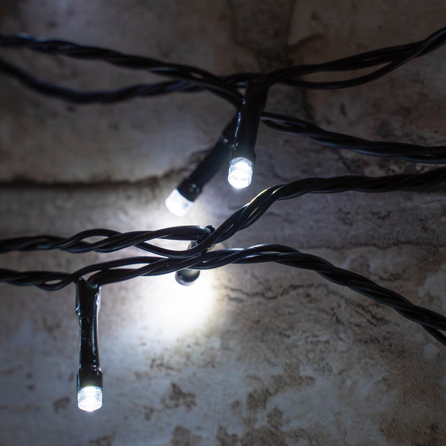 LYYT LED Battery Topiary Ball Light with cool white LEDs on twisted black cable, shown lit against a stone wall background.