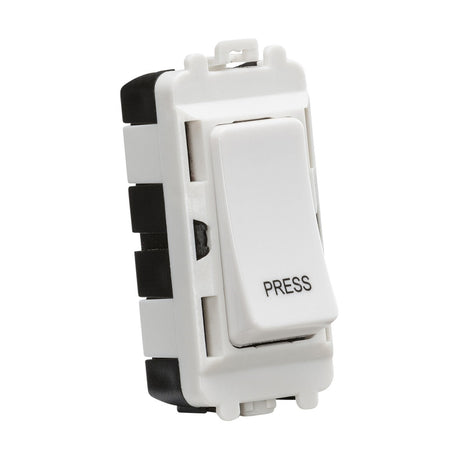 A white Knightsbridge Grid 20AX 2 Way Retractive SP Module switch labeled PRESS is mounted on a black and white plate, positioned upright and slightly tilted to the left.