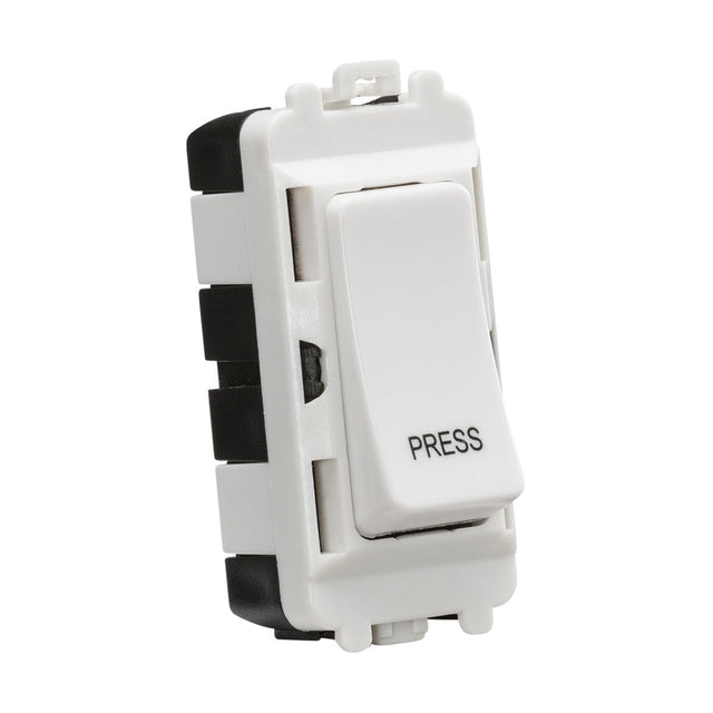 A white Knightsbridge Grid 20AX 2 Way Retractive SP Module switch labeled PRESS is mounted on a black and white plate, positioned upright and slightly tilted to the left.