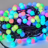 LYYT 20m multicolour berry string lights coiled together with lit pink, green, blue and purple LED globes on a black cable.