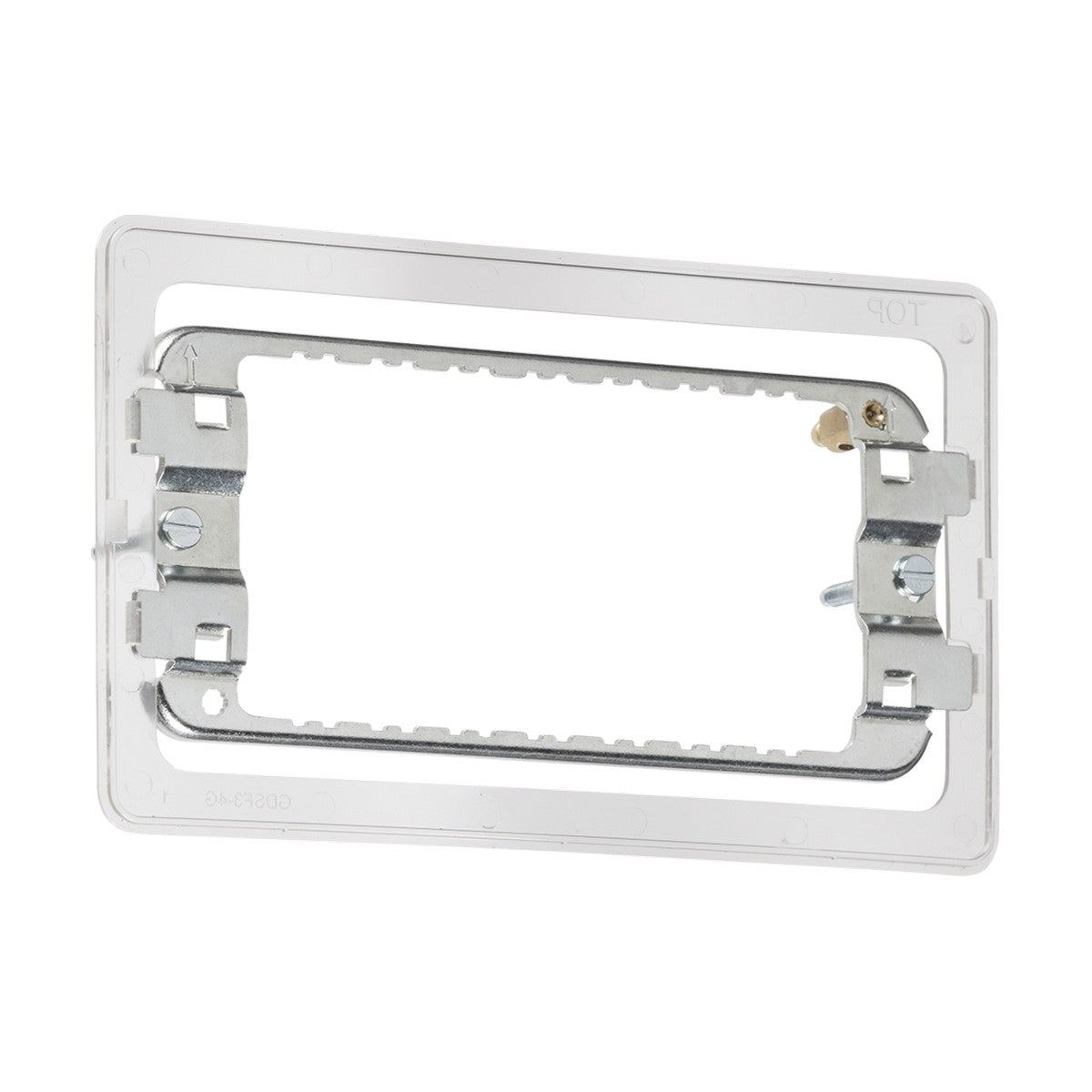 The 3-4 Gang Grid Mounting Frame For Screwless is a rectangular electrical bracket with a white plastic frame and a premium-grade steel interior. This mounting frame is designed for wall installations, incorporating screw holes and slots to securely attach electrical components.