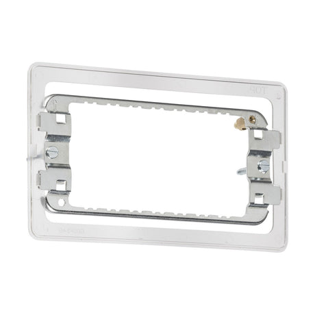 The 3-4 Gang Grid Mounting Frame For Screwless is a rectangular electrical bracket with a white plastic frame and a premium-grade steel interior. This mounting frame is designed for wall installations, incorporating screw holes and slots to securely attach electrical components.